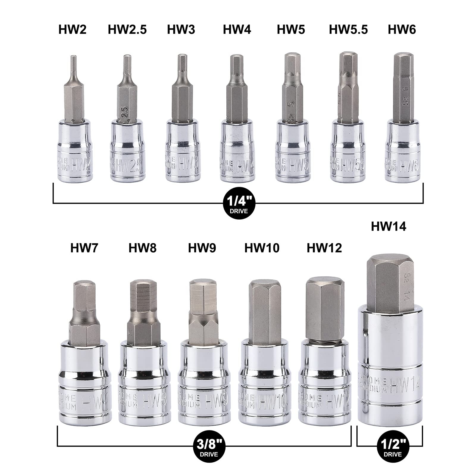 13PCS Metric Hex Bit Socket Set, CR-V Allen Bit Socket Kit, S2 Steel, 2mm - 1...
