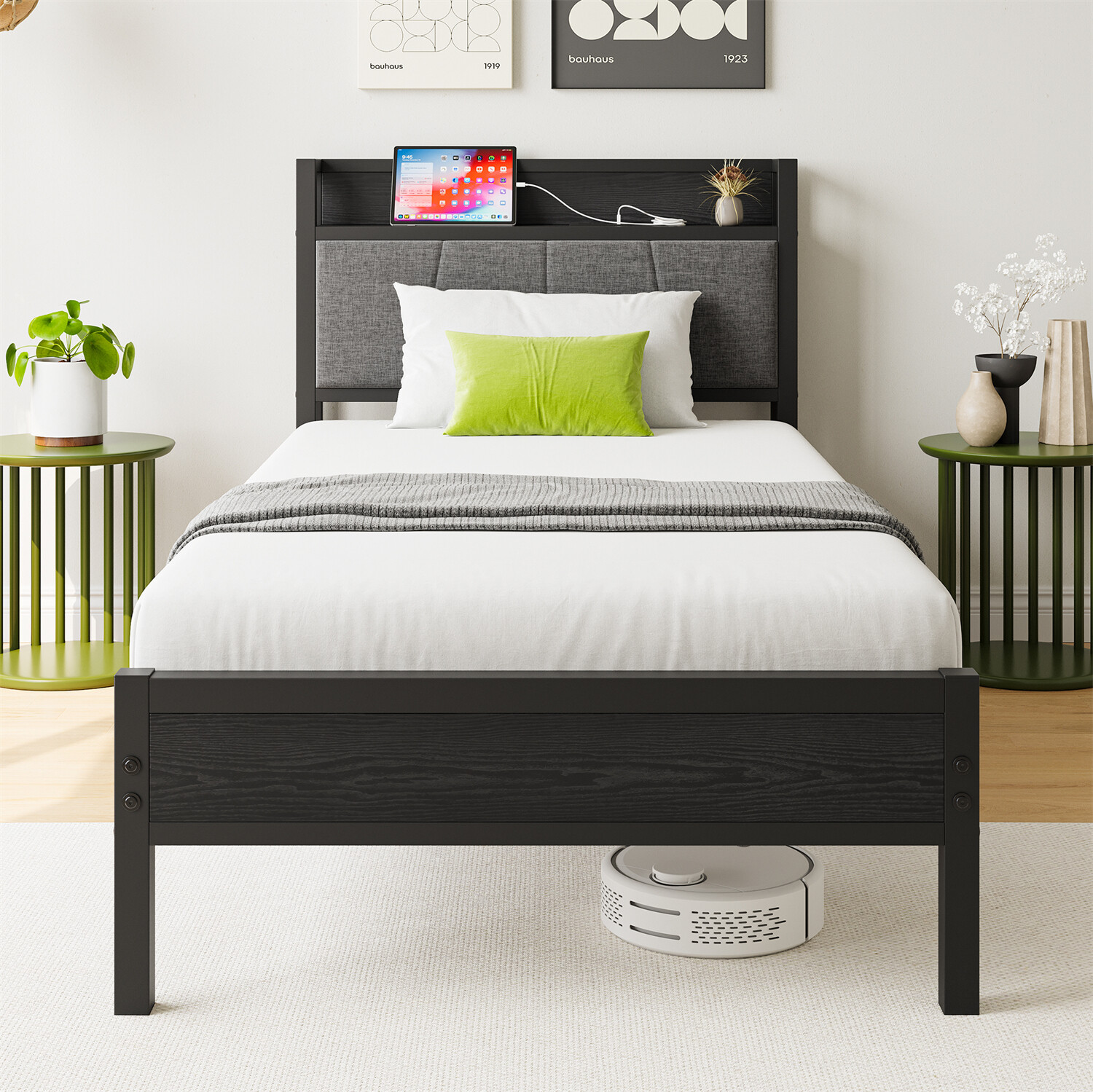Twin/Full Size Bed Frame Metal Platform Bed Frame w/ Storage Headboard Black US