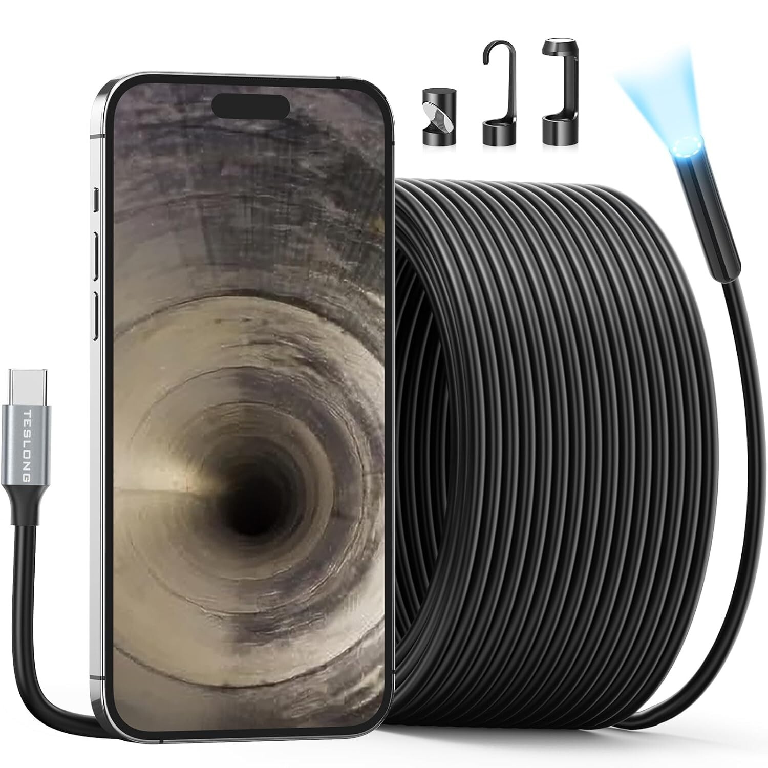 50FT USB C Sewer Inspection Camera Waterproof Endoscope 8 LED For iPhone Android