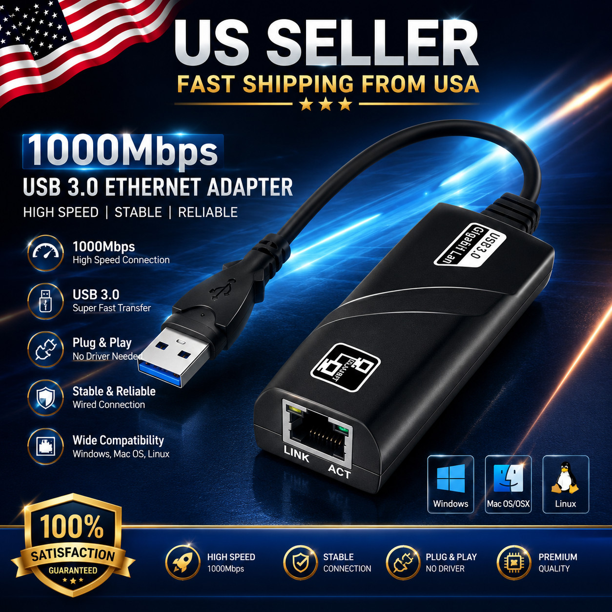 USB 3.0 Gigabit Ethernet LAN RJ45 1000Mbps Network Adapter For Windows PC Mac