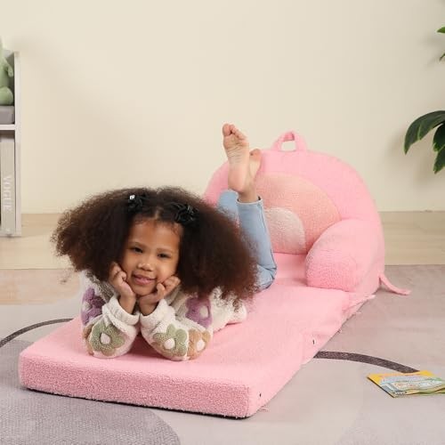 Kids Sofa, Sherpa Couch with Tri-Layer Foam Cushions, Comfy Small Rainbow