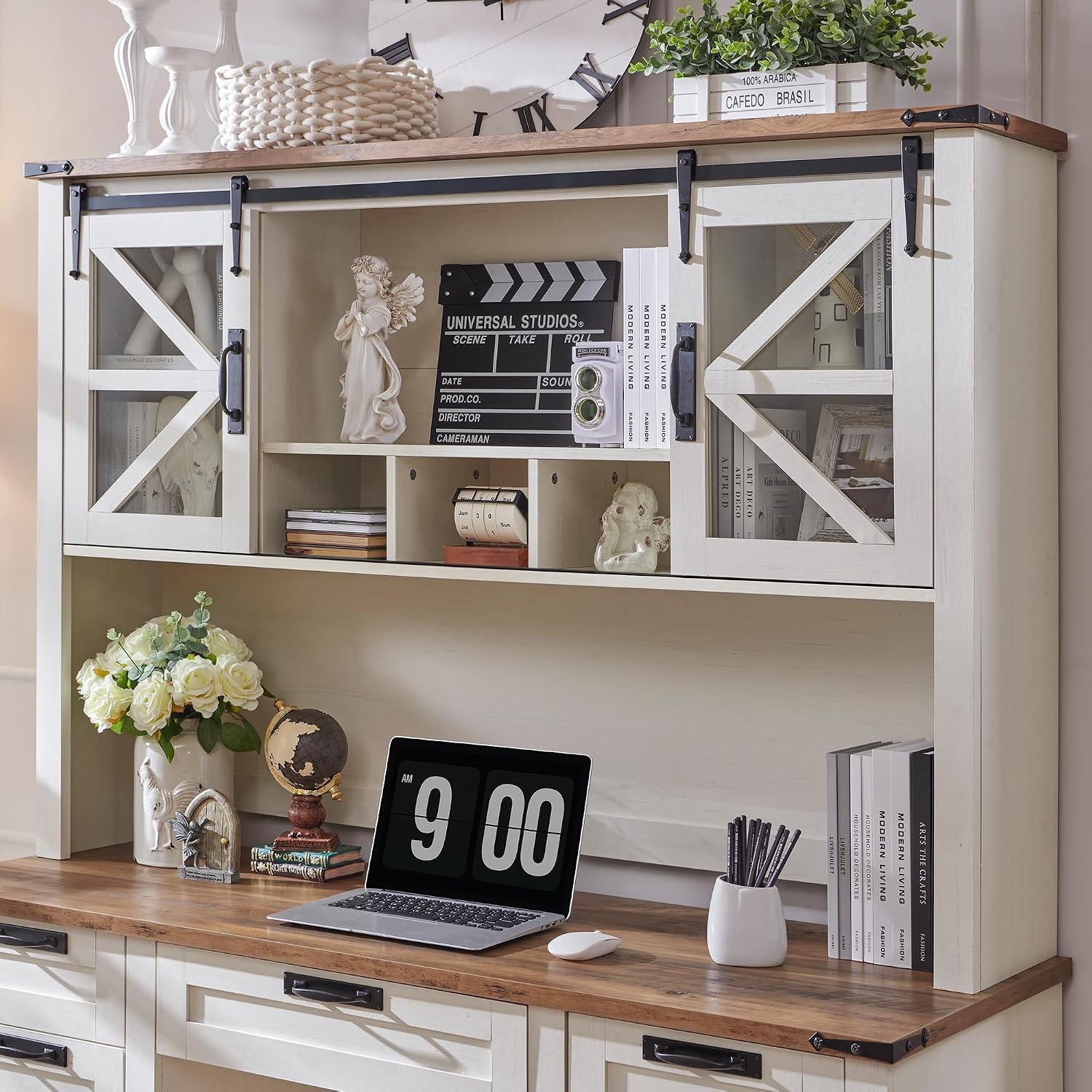 42" Farmhouse Desk Hutch w/Sliding Barn Door Antique White Hutch Only Only Match
