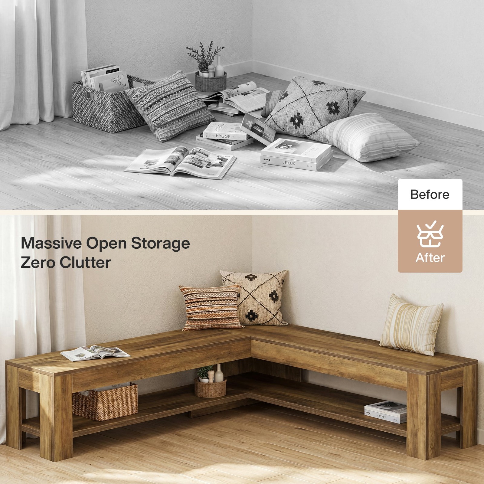 L-Shaped Dining Nook Bench with Storage Shelf, Wooden Space-Saving Corner Bench