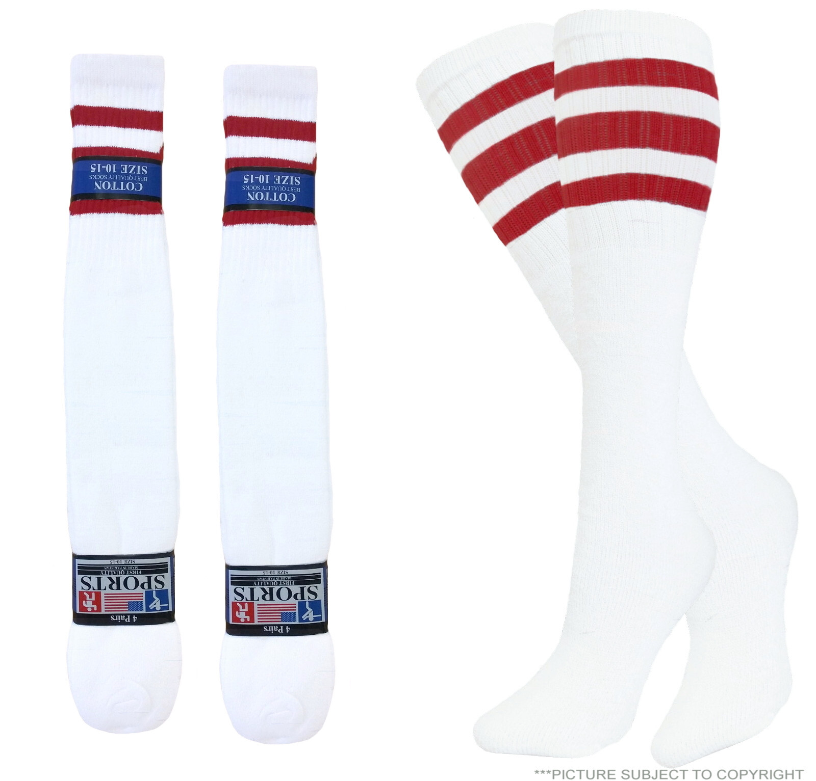 8 PAIRS TUBE SOCKS HI CALF WHITE RED STRIPES LONG SOCKS 21 INCH SIZE 10-15