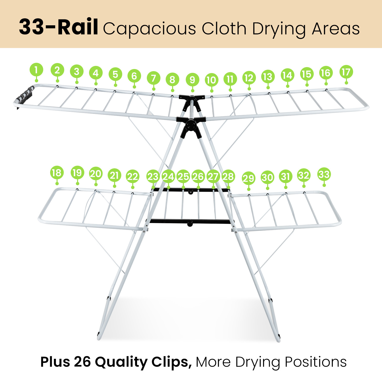 2-Tier Foldable Clothes Drying Rack 2-Level Garment Hanger w/Adjustable Gullwing