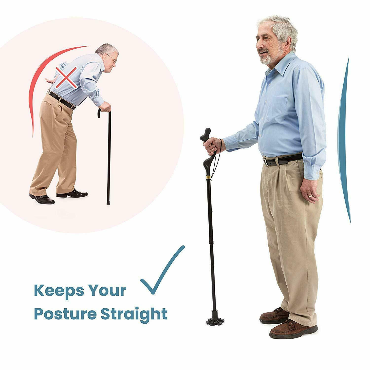 Straight Posture Cane Adjustable Height Walking Stick Foldable Hiking Pole Adult