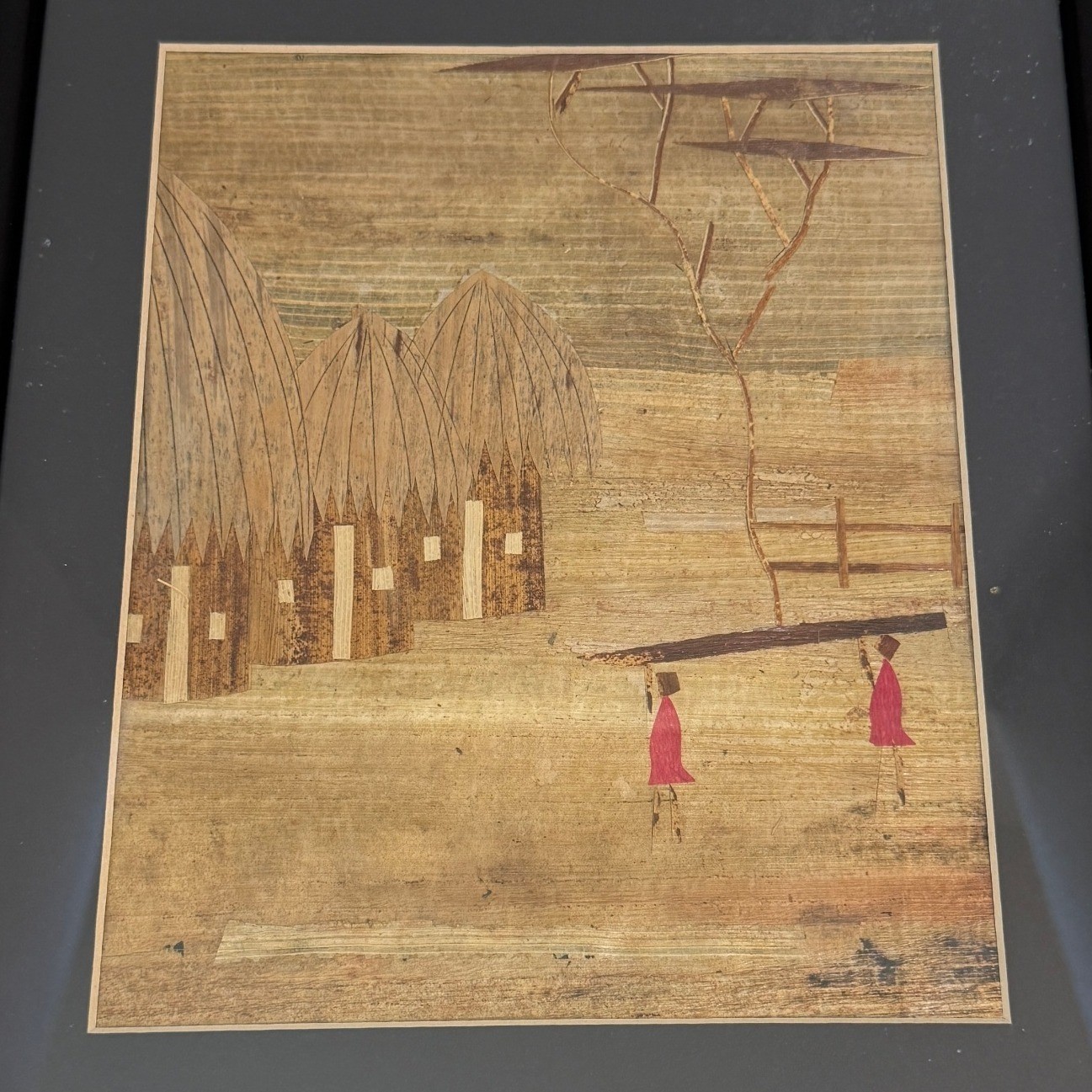 Vintage Framed Art Banana Leaf African Village Scene 11x14 Black Frame Folk Art
