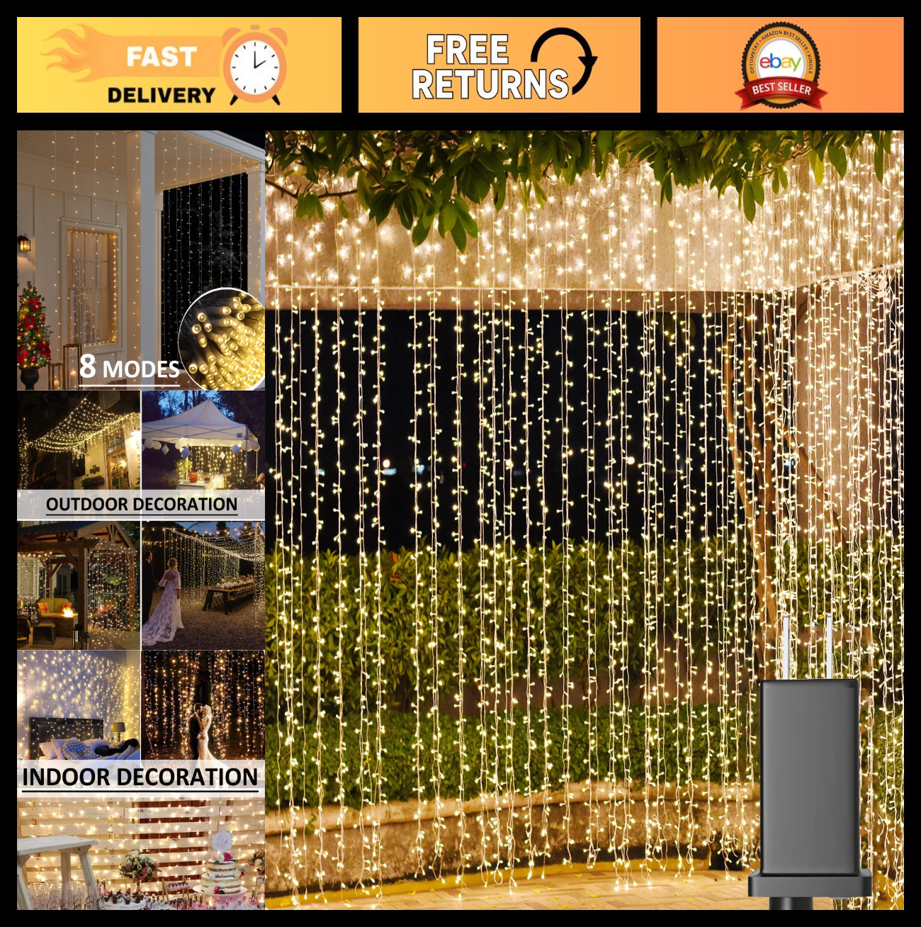 50ft x 10ft LED Curtain Lights - 1000 Warm White Twinkle String Lights for Weddi