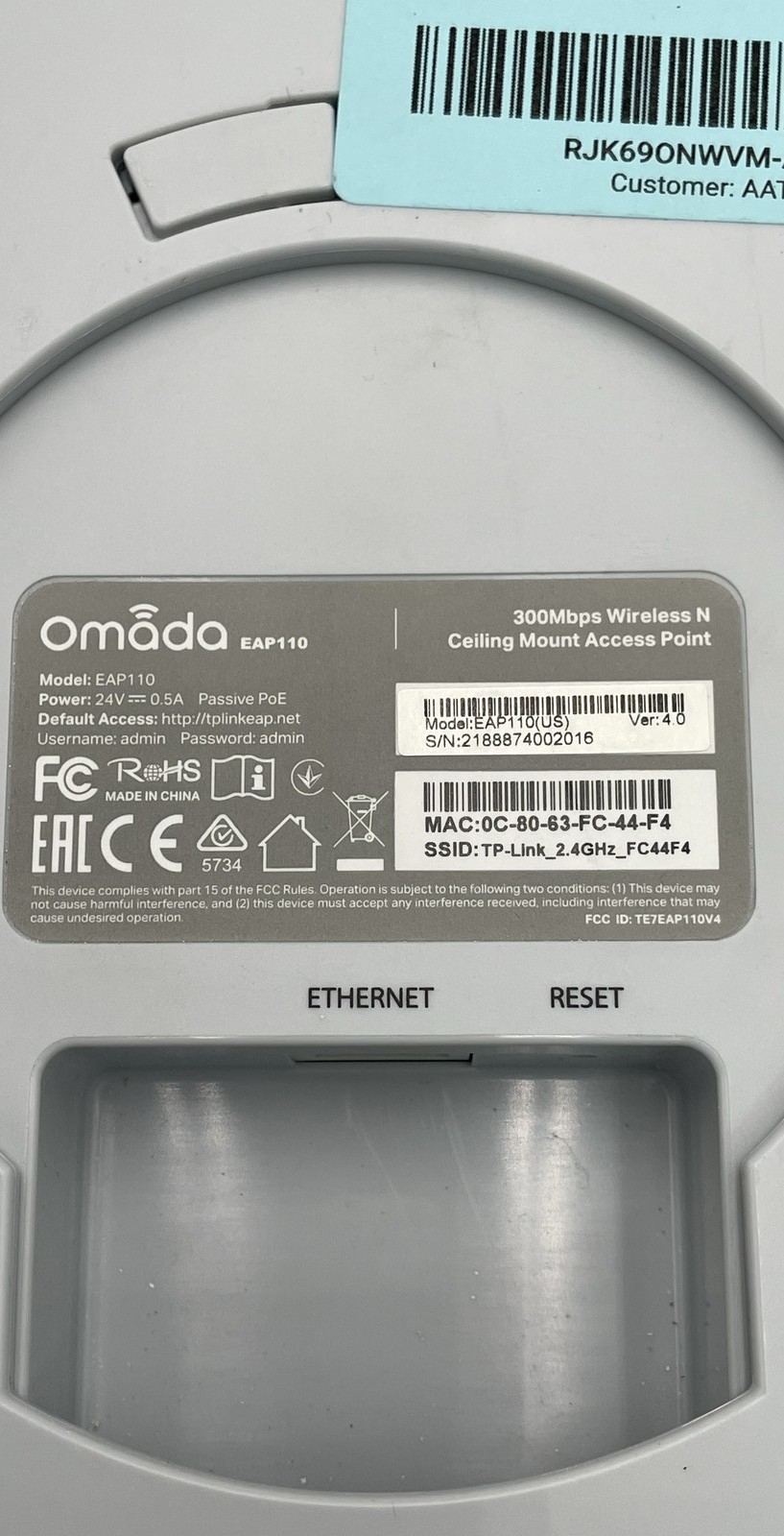 TP-Link Omada EAP110 300Mbps Wireless N Ceiling Mount Access Point Unit