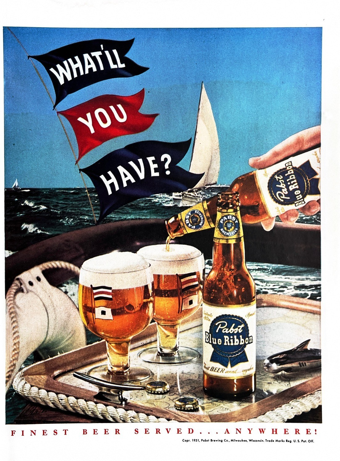 1951 PABST BLUE RIBBON BEER Genuine Vintage Print Ad Boating Sailing Theme
