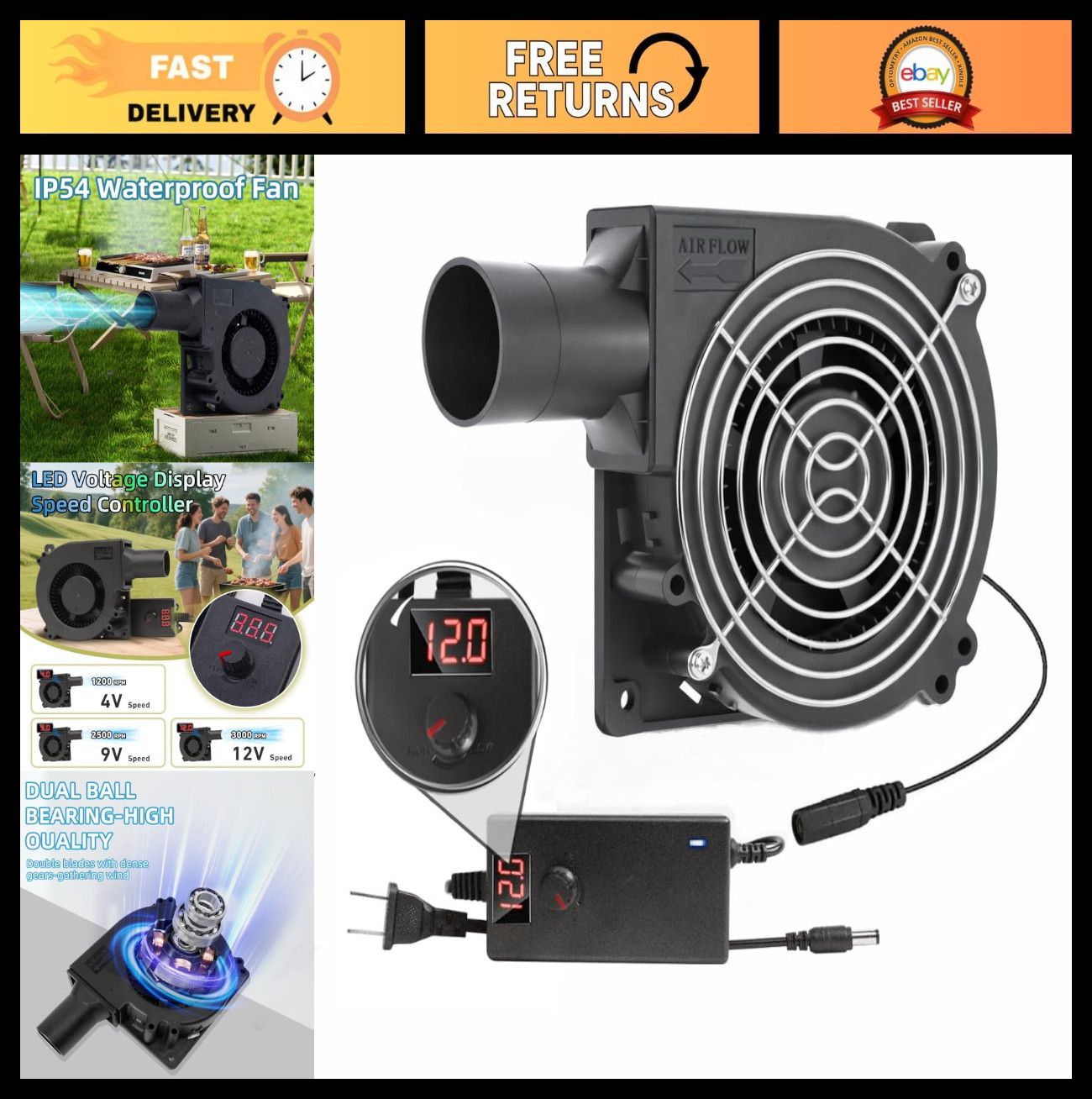 120mm Blower Fan with LED Speed Controller, 110V AC, IP54 Waterproof for DIY Coo