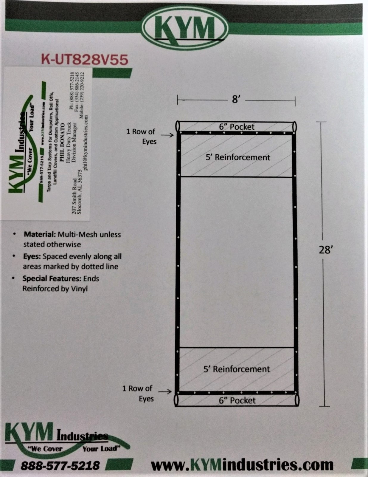 8' x 28' HEAVY DUTY MULTI-MESH ROLL-OFF WASTE AUTO TARP. VINYL REINFORCED ENDS