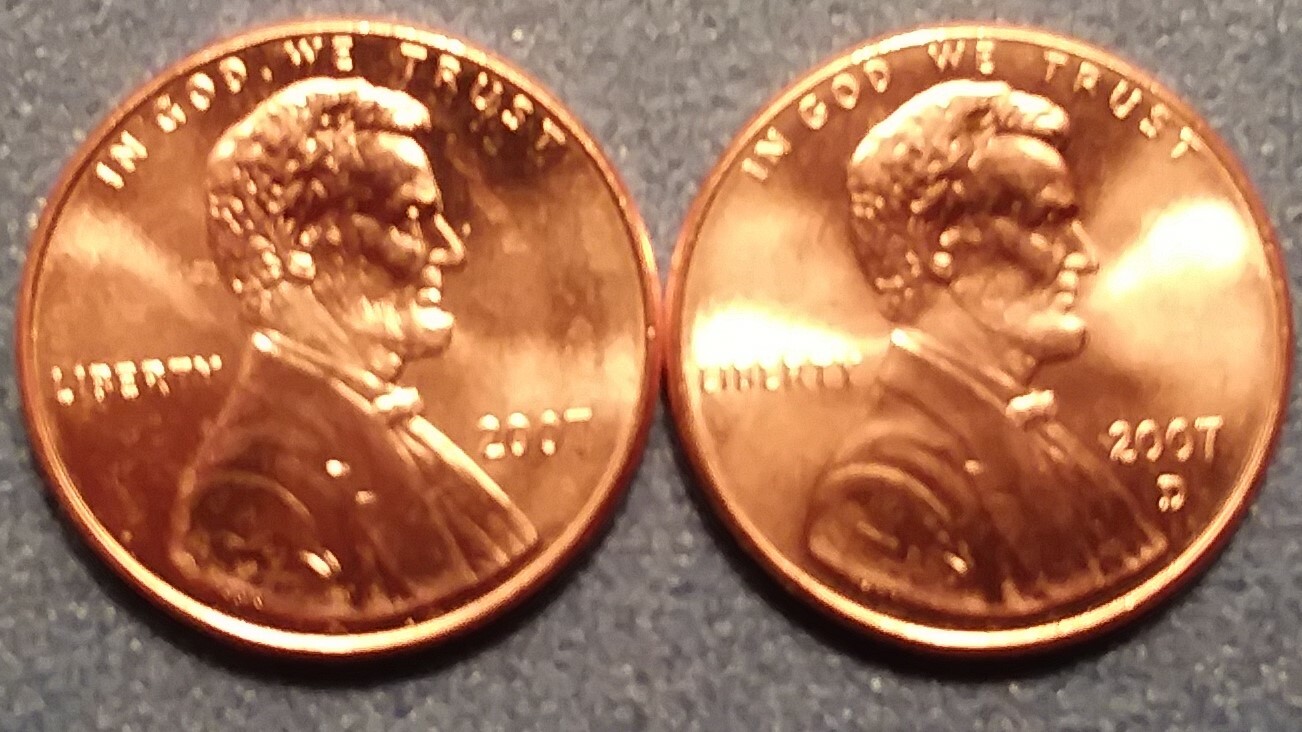 2007 P&D Brilliant Uncirculated Lincoln Cents.(2 coins) Ships Free. BU condition