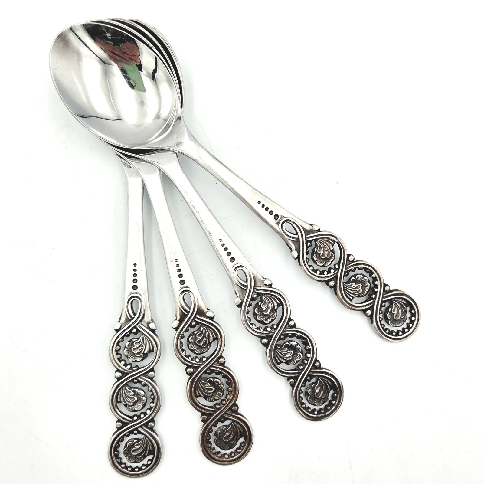 Set of Four National Stainless Nouveau Pattern Lg Soup Spoons Flatware MCM Japan