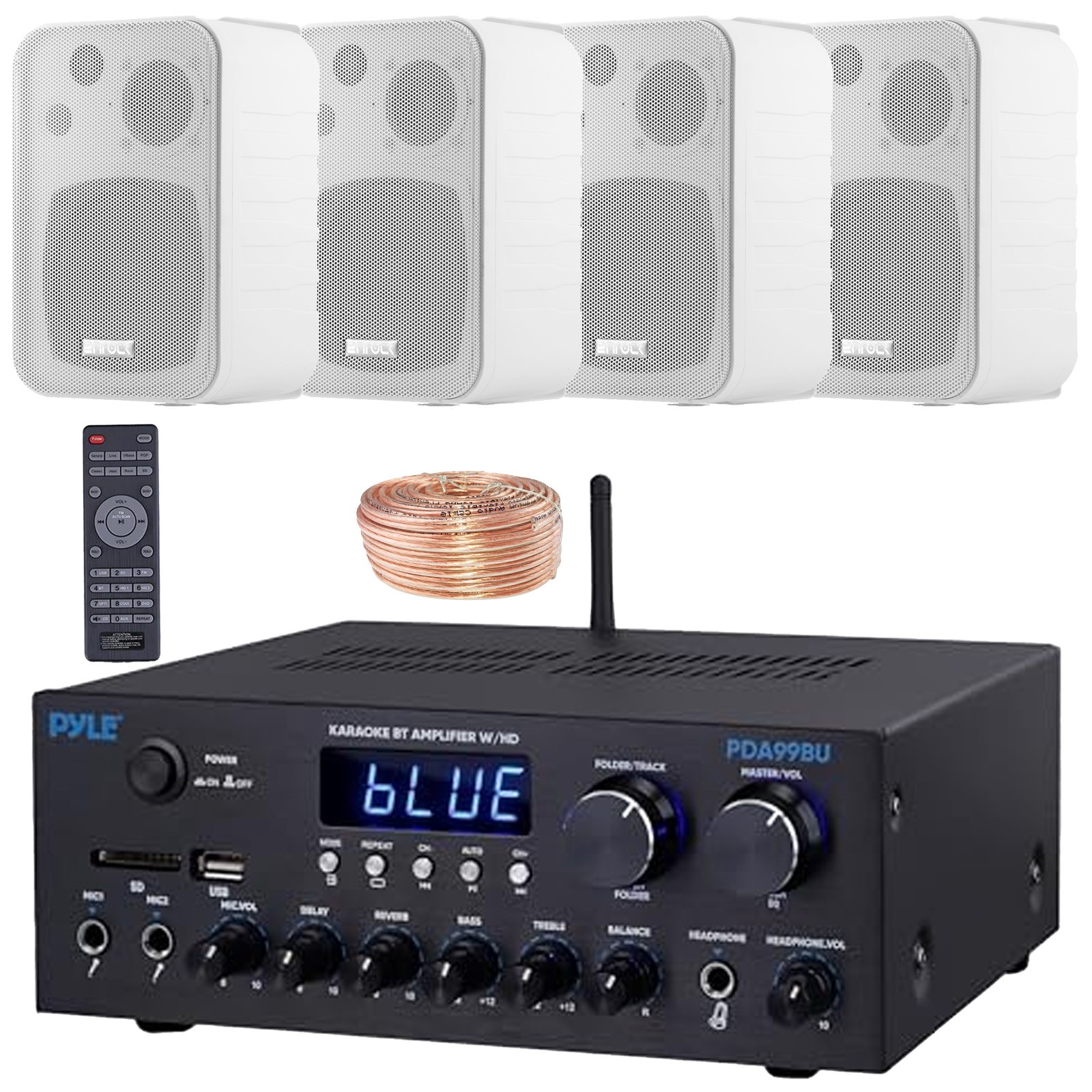 Pyle PDA99BU Home Amplifier Receiver, 4x 4" 30W Indoor/Outdoor Box-Speaker, Wire