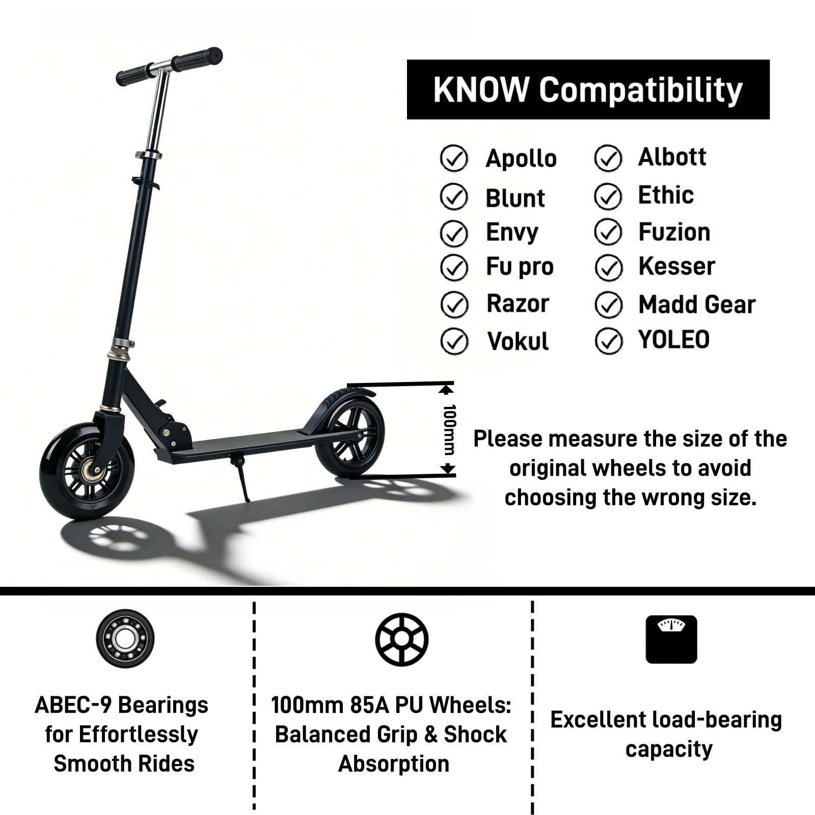 Replacement 100mm Kick Scooter Wheels - High-Speed Bearings, Durable PU Pair