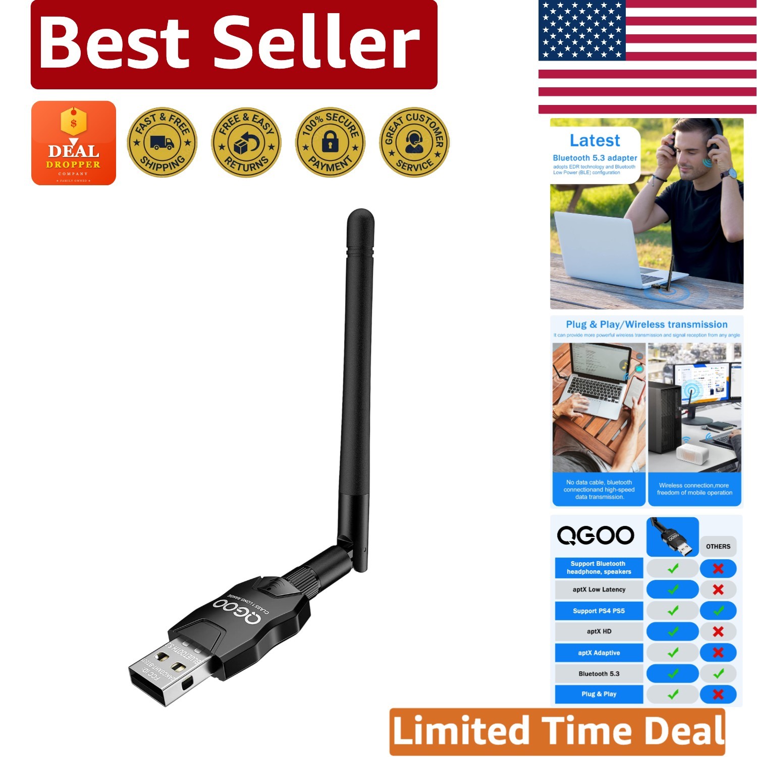 USB Bluetooth Adapter Class 1 - Fast 3Mbps, Seamless Windows Compatibility