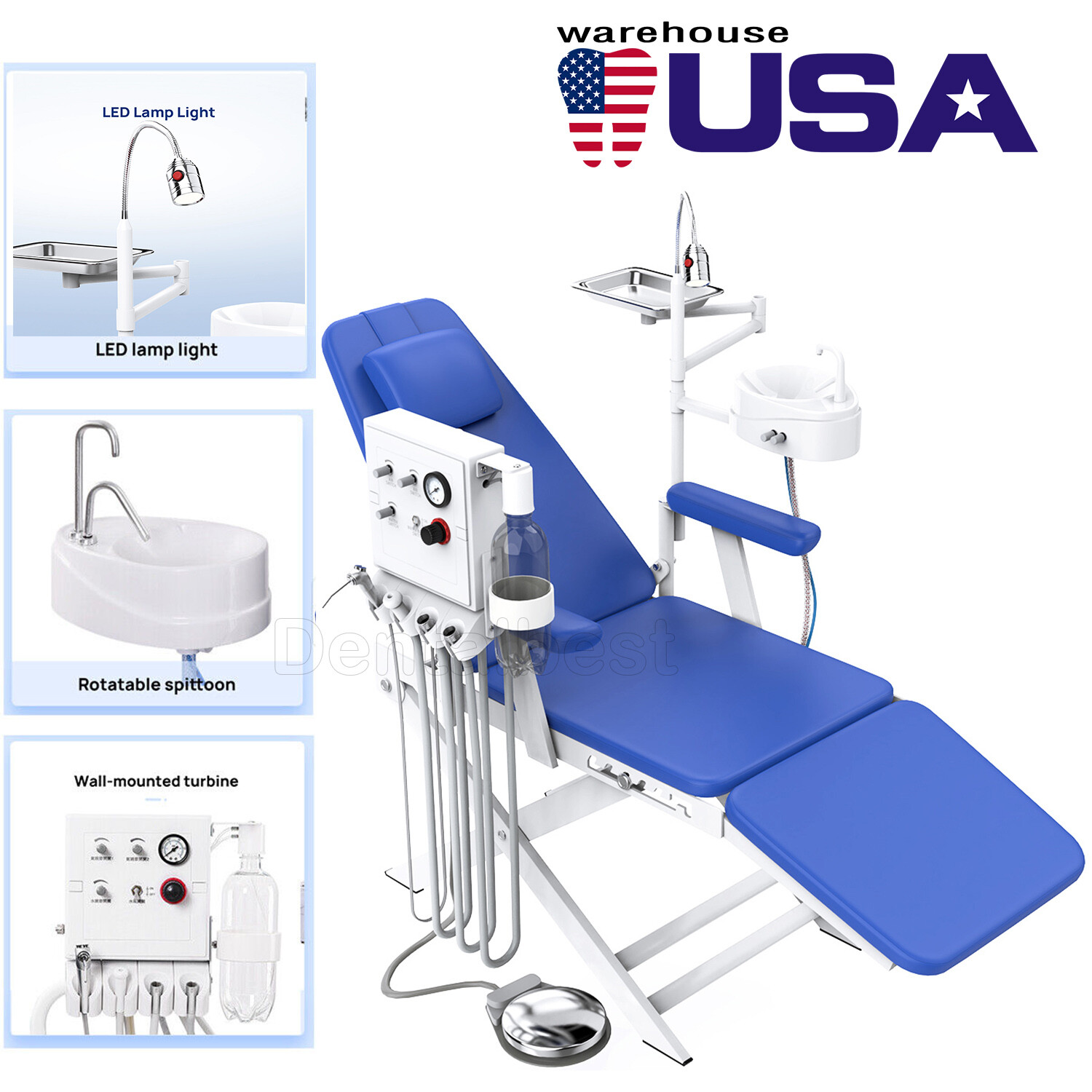 US Portable Dental Folding Chair+LED Light+Tray with Air Turbine Unit PU Leather