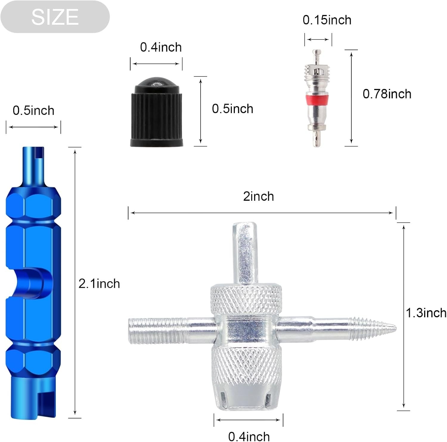 Universal Valve Stem Tool Set - 20 Valve Cores, 10 Caps & 4-Way Tool Feature