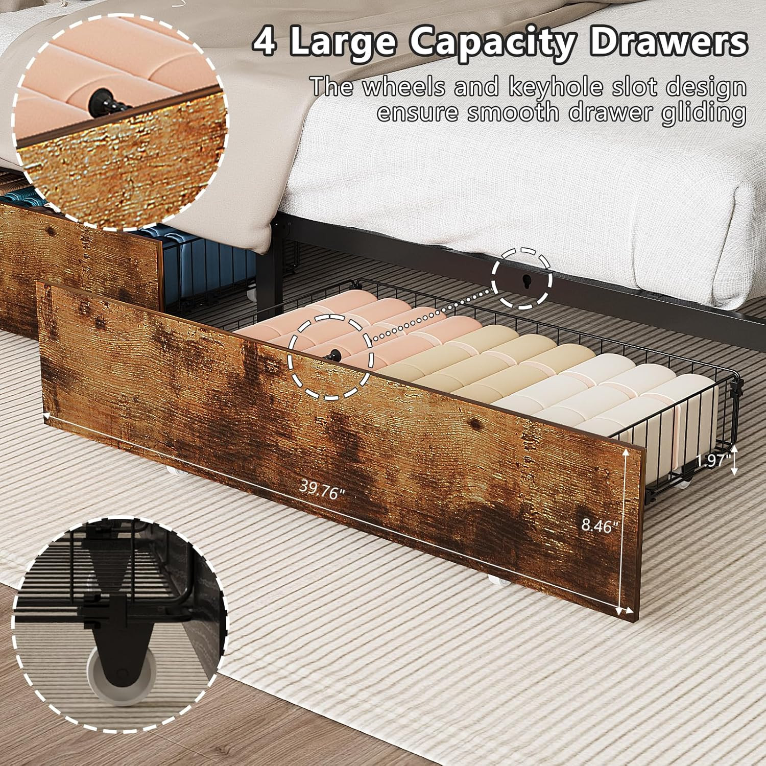 Queen Bed Frame with 4 Storage Drawers and Headboard, Metal Platform Panel Bed w