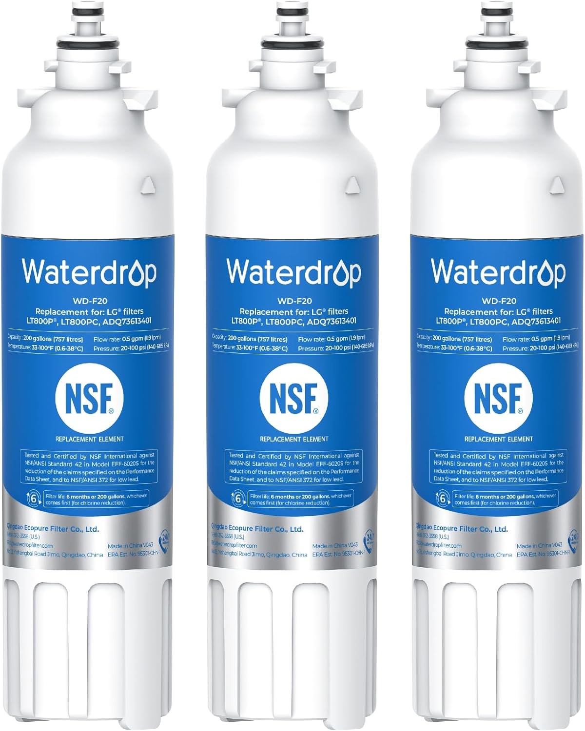 Waterdrop Refrigerator Water Filter, Replacement for LG® LT800P®, Pack of 3