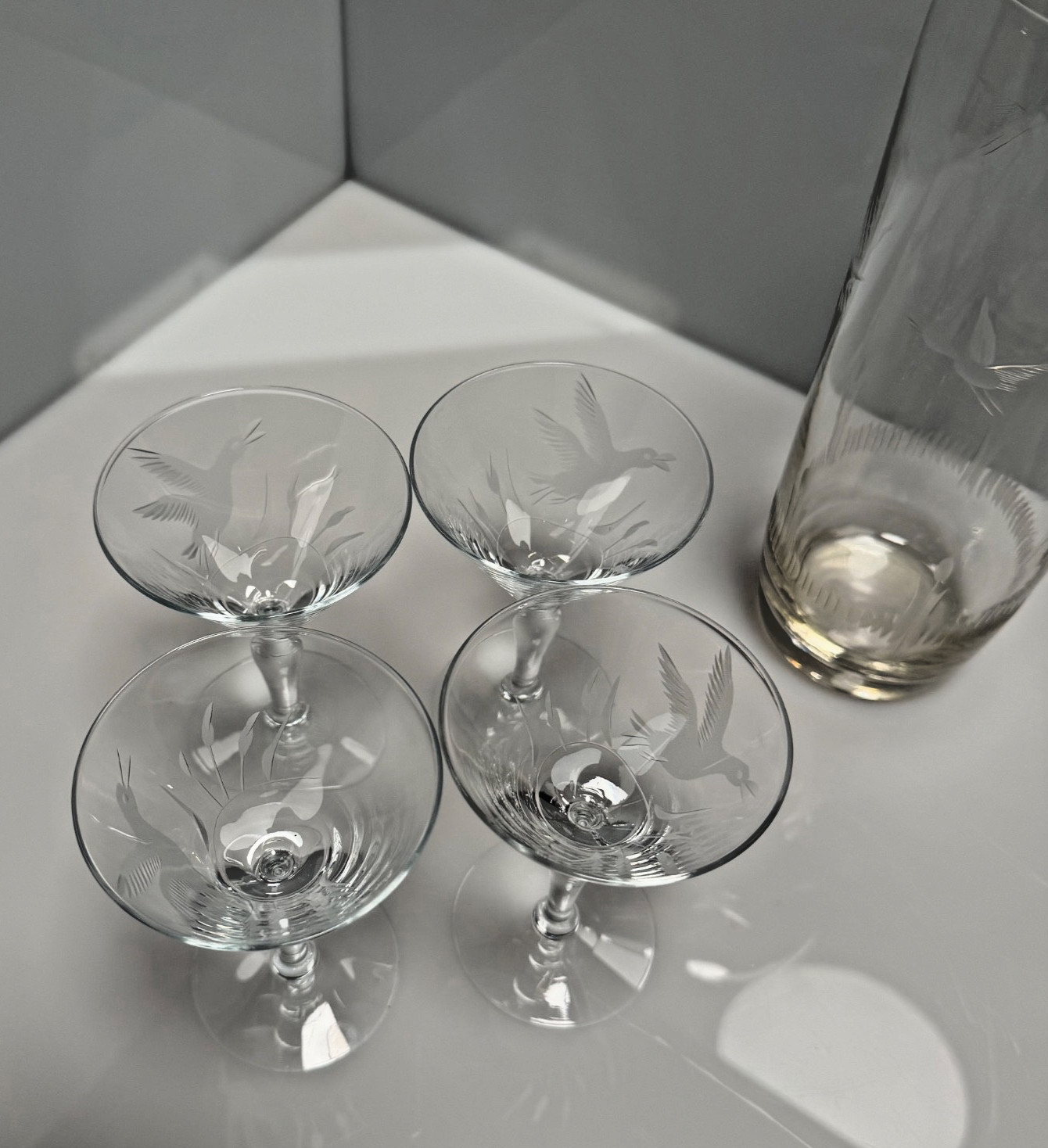 Vintage Five Piece Etched Glass Martini Set with Elegant MCM Flying Geese Design