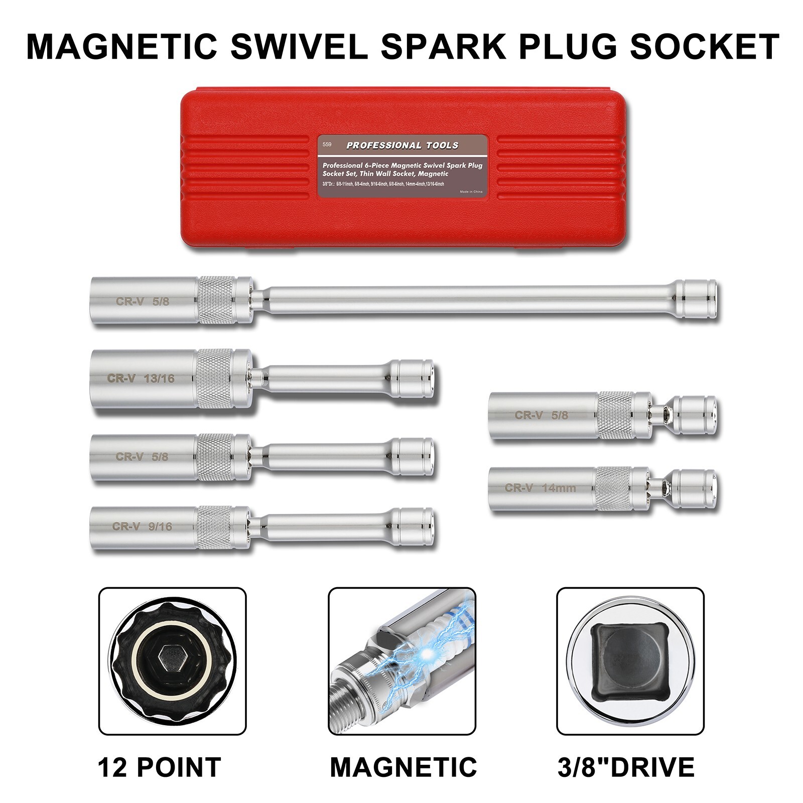 6PC 3/8"Dr. Magnetic Swivel Spark Plug Socket Set Include 9/16" 5/8" 13/16" 14mm