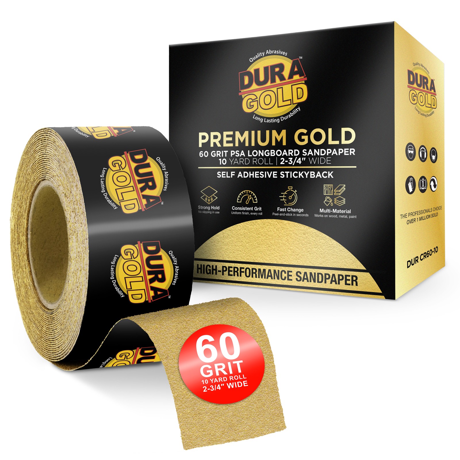 60 Grit Gold Longboard 10 Yards Long by 2-3/4" Wide PSA Self Adhesive Sandpaper