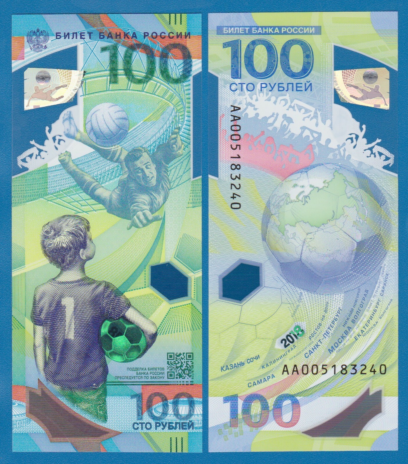 AA Prefix! Russia 100 Rubles P 280 2018 UNC Polymer World Cup FIFA Commemorative