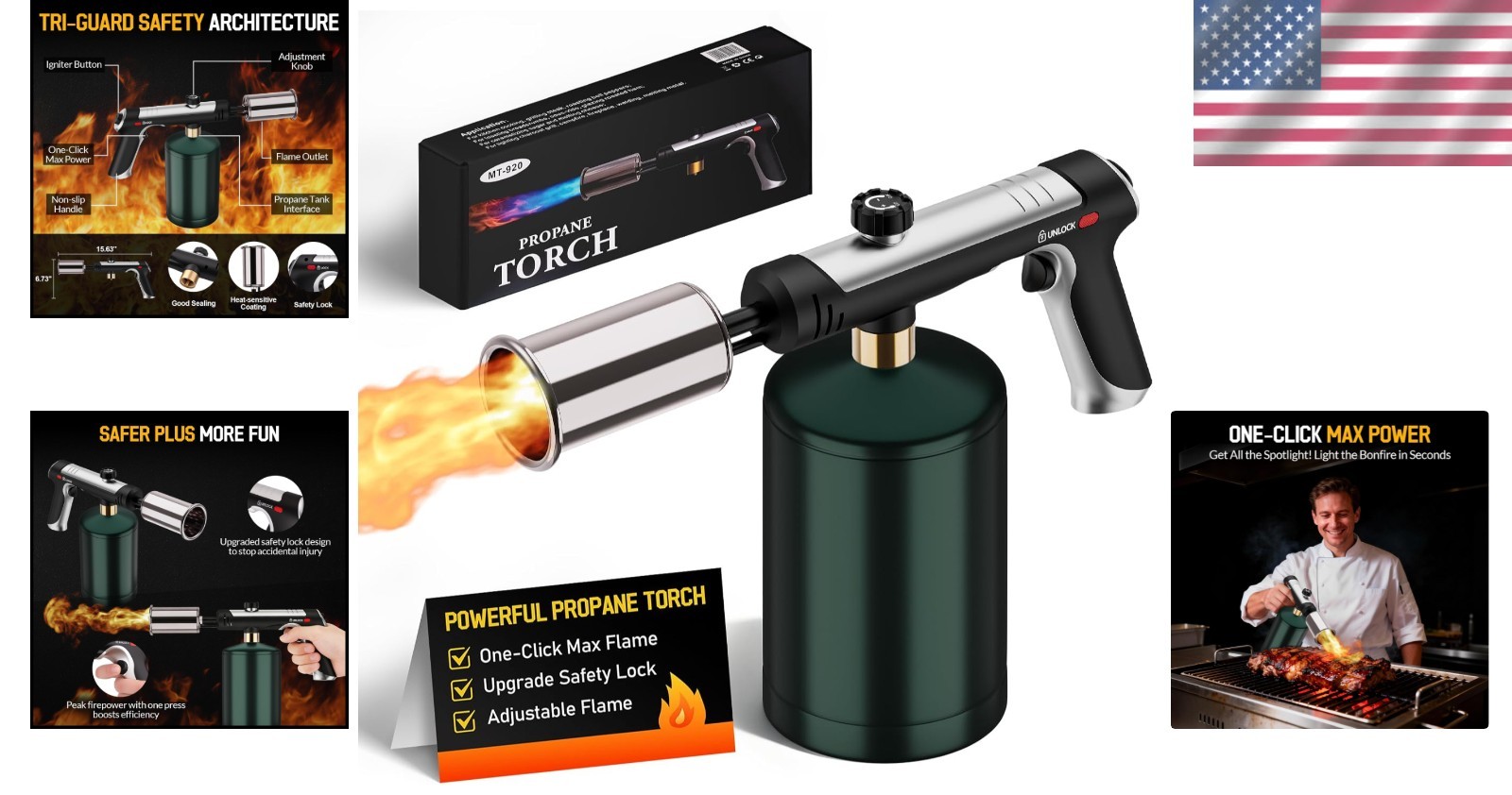 Propane Torch with One-Click Max Fire & Safety Lock - Kitchen Blow Torch