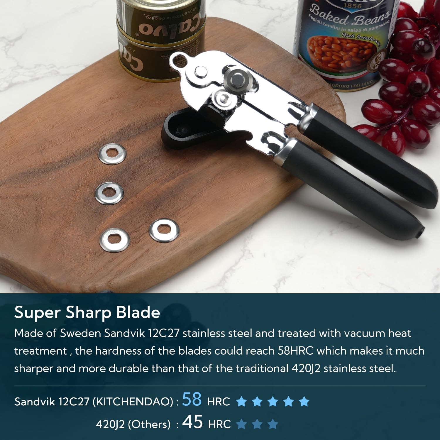 Manual Can Opener, Super Sharp Sandvik 12C27 Blade, Handheld Can Opener with ...