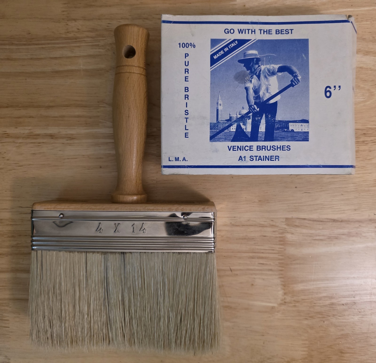 RARE NOS VTG 100% Bristle Paint Brush Made in Italy 4 X 14 Oil Paint Stain