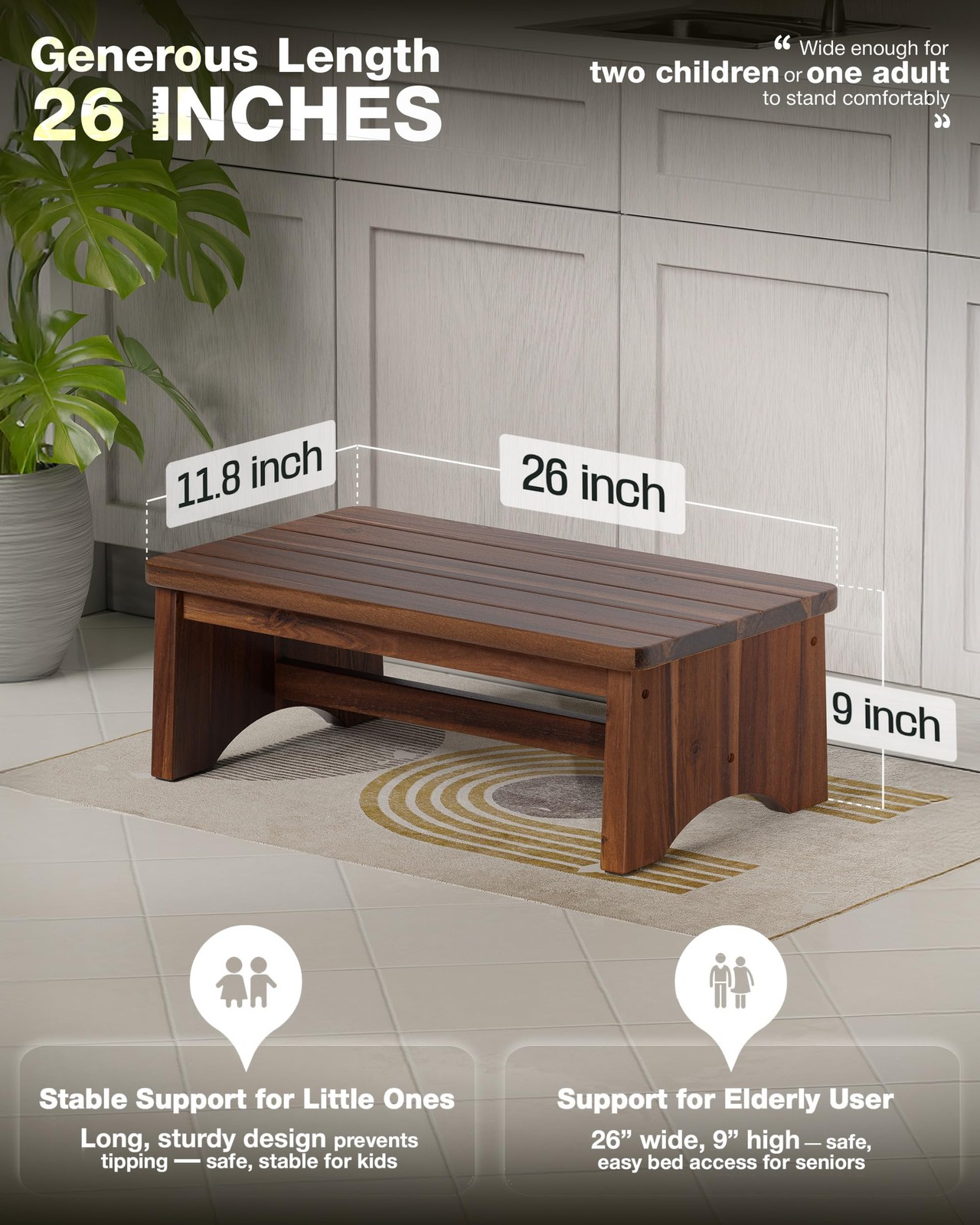 Extra Wide 26in Wooden Step Stool, Heavy Duty One Step Stool for Adults and Seni