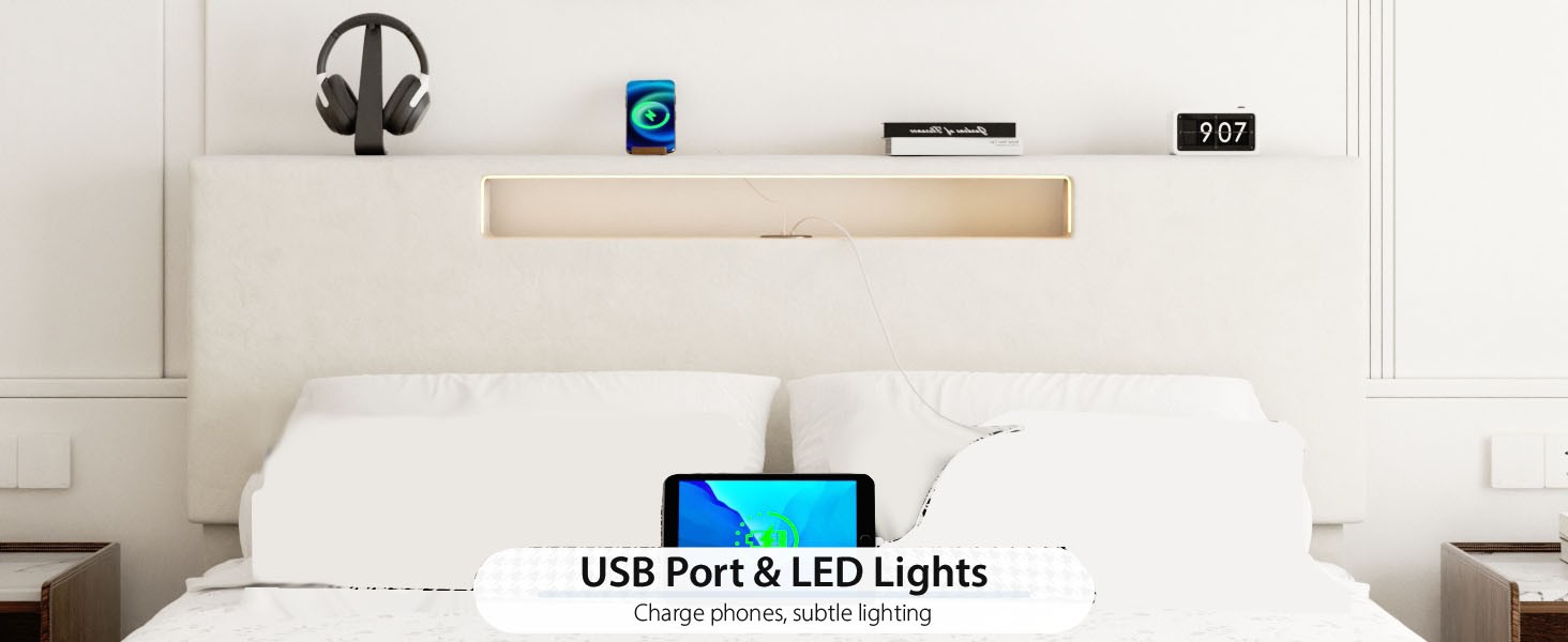 Upholstered Platform Bed Large Size Frame With LED Light And Charging Function