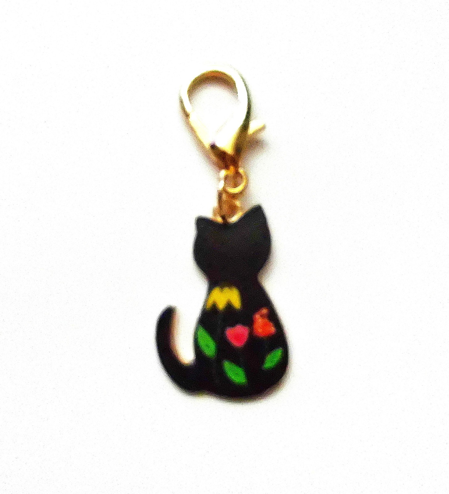 LOVE KITTY KAT ZIPPER PULL BLACK w FLOWERS GOLD CLASP [ 1.5" L ] NEW *USA*