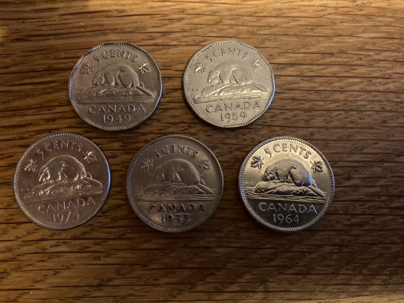 Canada  5 cents x 5  really nice condition 1937, 1949, 1959, 1964, 1975