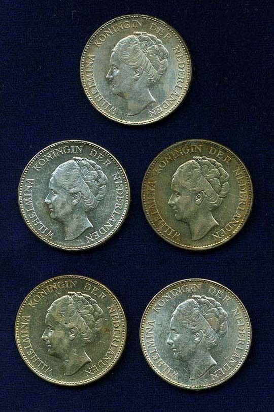 NETHERLANDS  WILHELMINA I  1929  1 GULDEN  SILVER COINS, LOT OF (5), ASW=1.16OZ