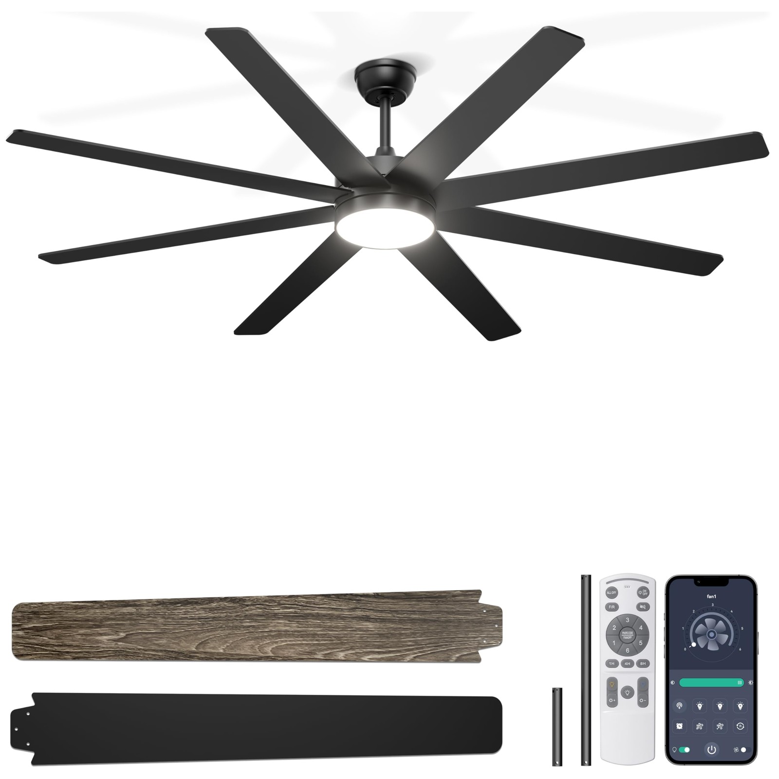 72'' Black Large Ceiling Fan with Lights for Indoor/Covered Outdoor