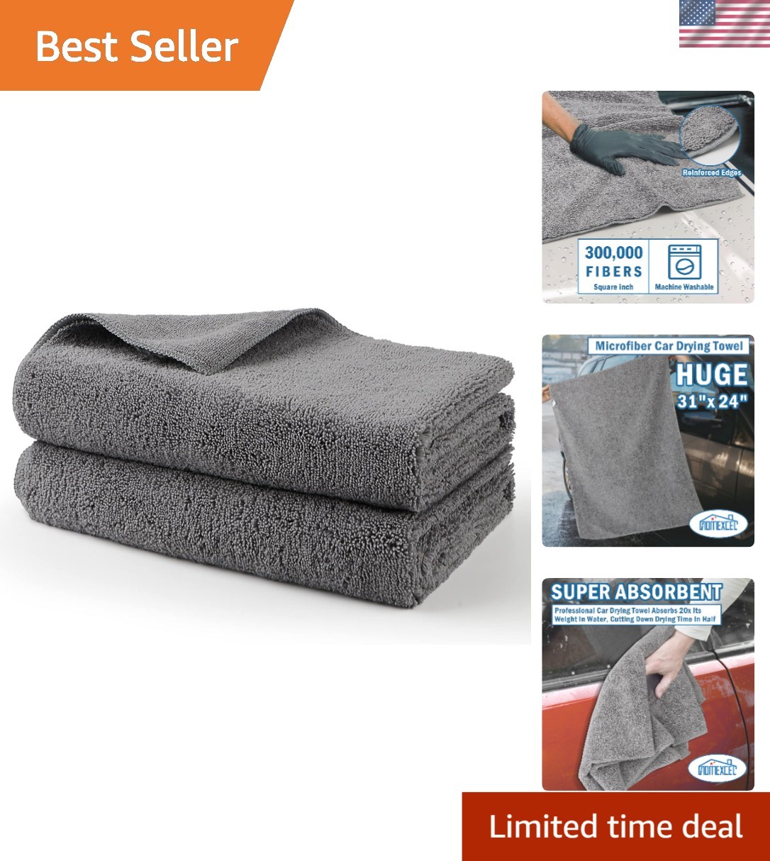Lint-Free Scratch-Free Microfiber Towels 2-Pack, 31" x 24" for Quick Drying