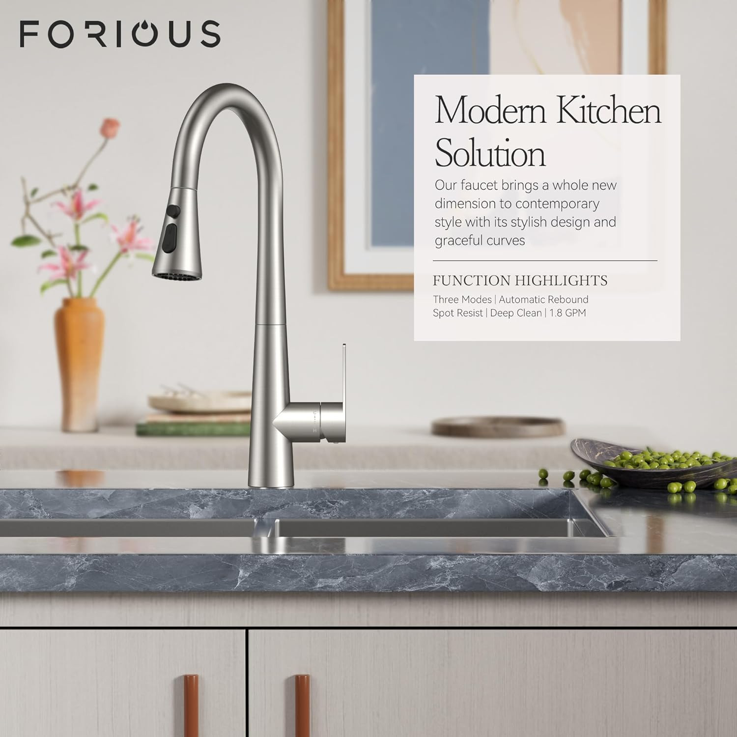 Brushed Nickel High Arc Kitchen Faucet with 3-Mode Pull Down Sprayer