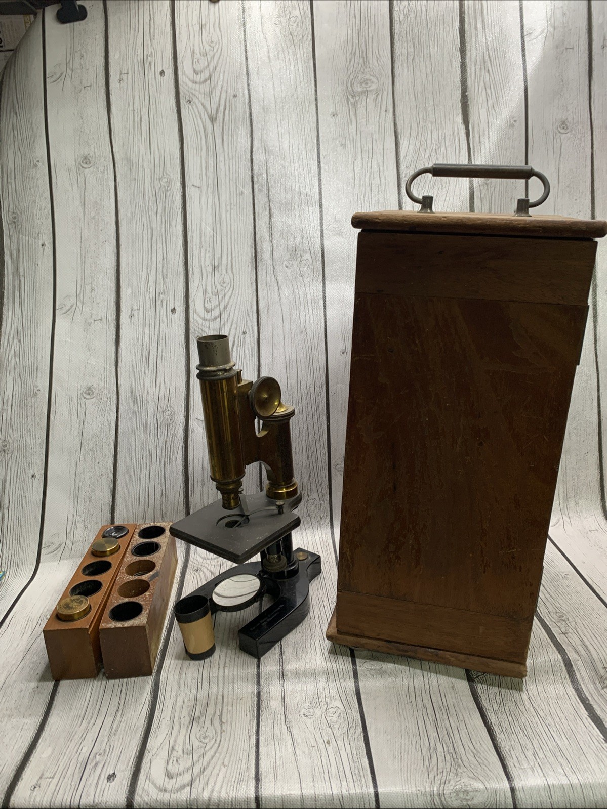 Antique Brass Microscope Pacific Micro Materials Co San Francisco w/ Wood Case