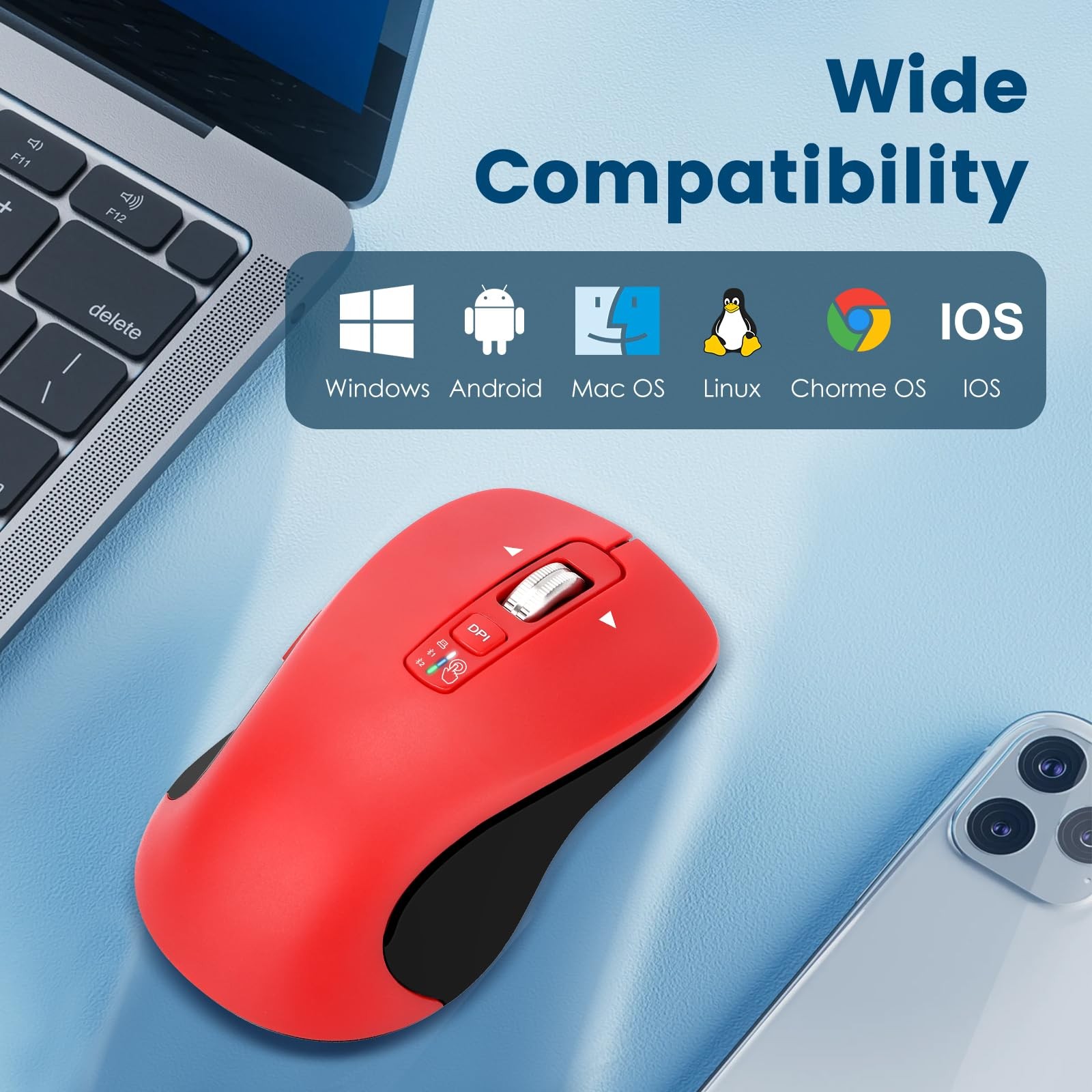 Wireless Bluetooth Mouse (USB + BT1 + BT2), Full Size, 4-Way Scrolling, Multi...
