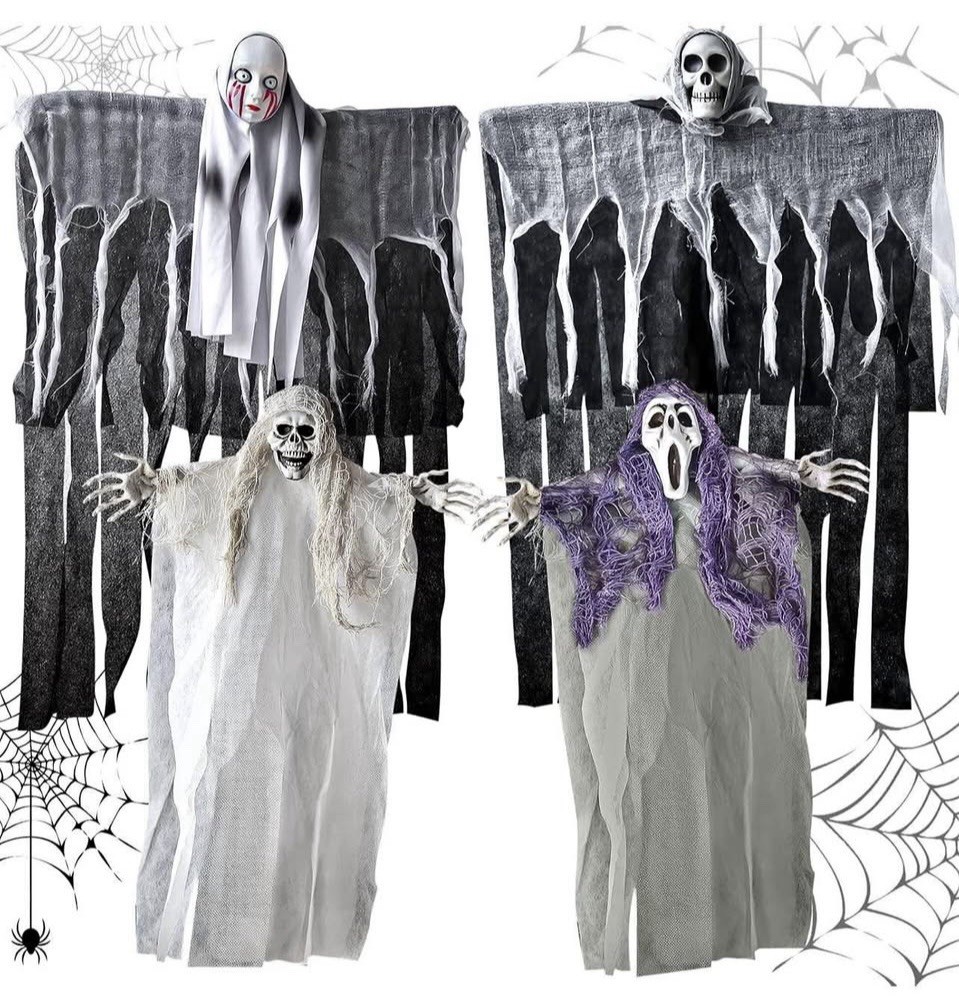 4 Piece Halloween Hanging Skeleton Ghosts 33” 18”NIP Spooky 24 Hr Ship