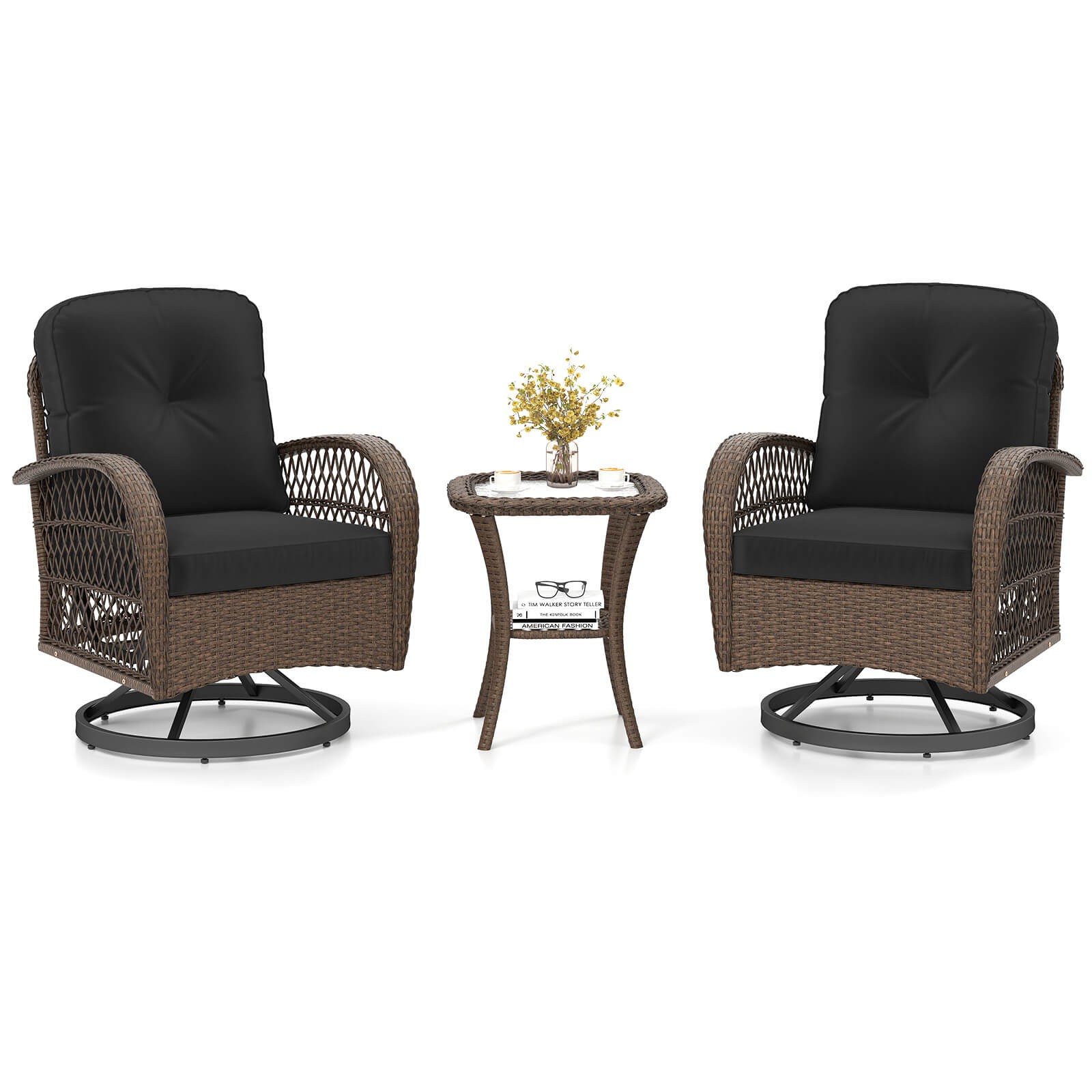 3 PCS Patio Swivel Rocker Set Gliding Bistro Furniture Set w/ Tempered Glass