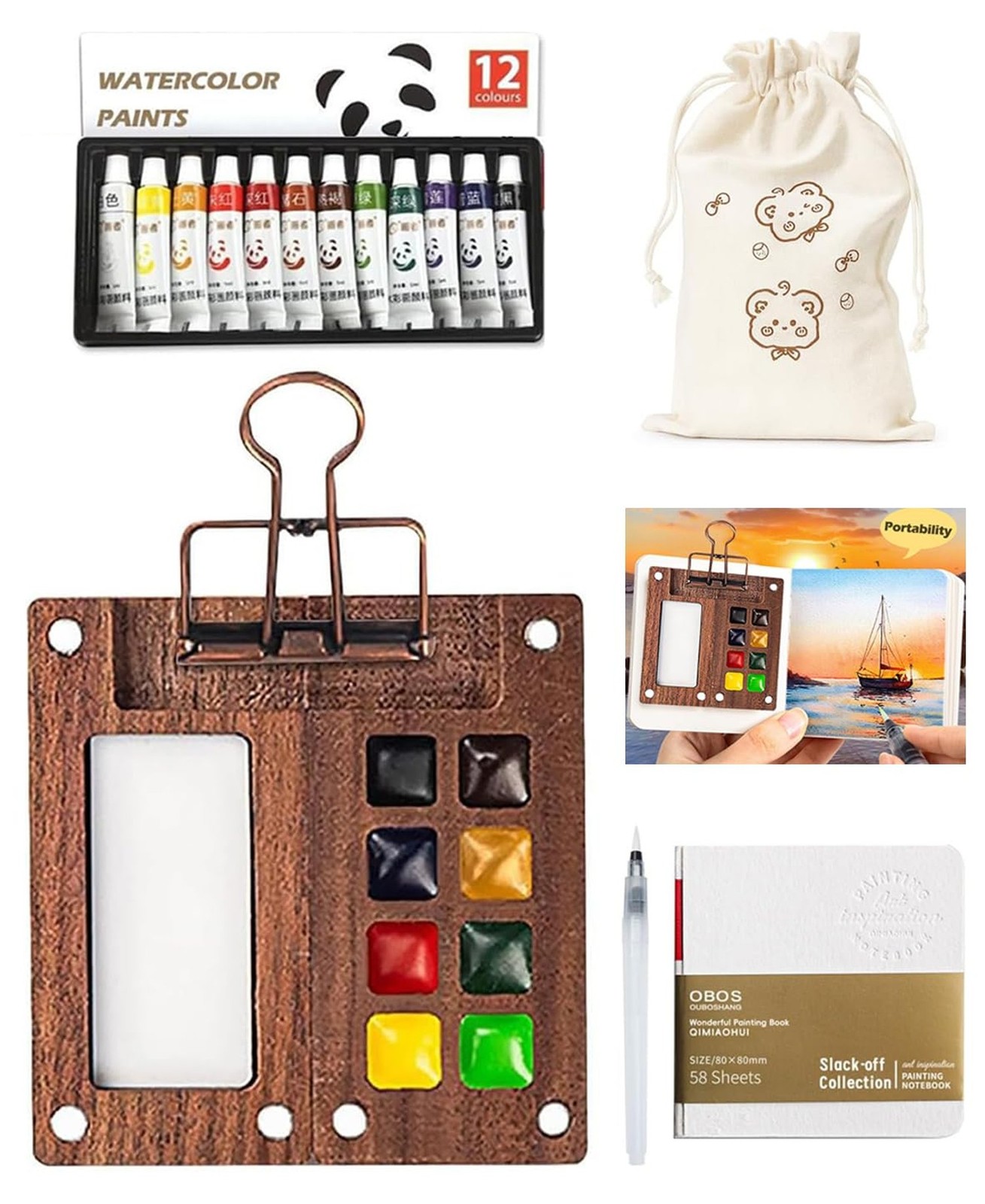 Pocket Artist Watercolor Travel Set, Travel Paint Palette, Wooden Paint Palet...