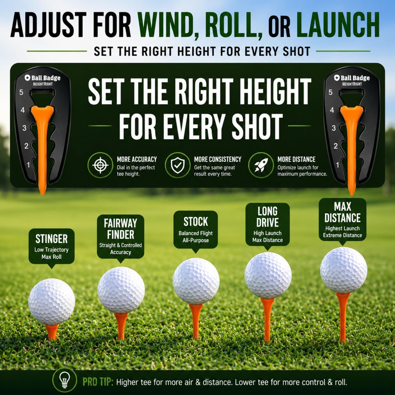 Adjustable Golf Tee Height Tool (5-Level Precision) – Universal Fit for Wo