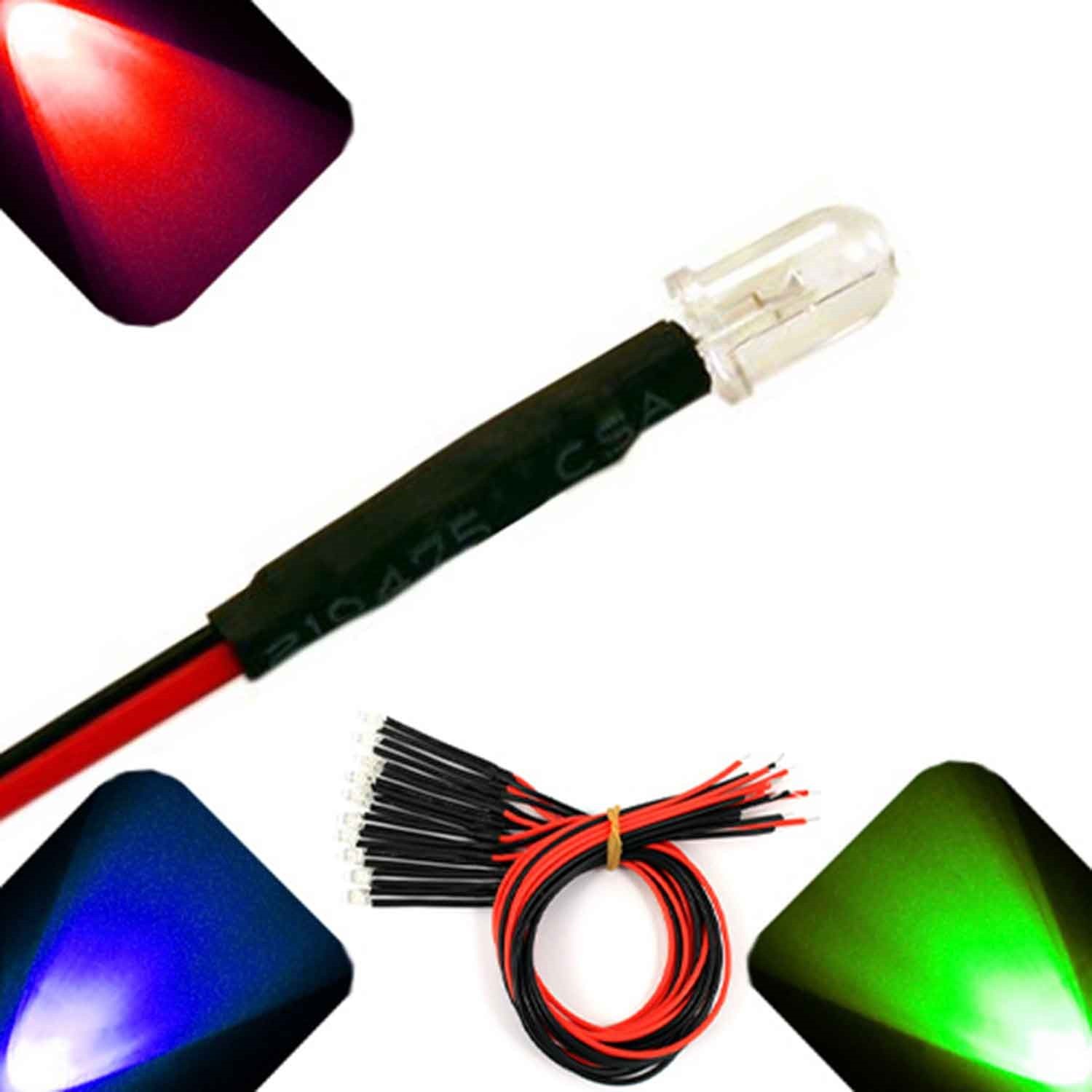 50 x LED Pre wired 12v 5mm RGB LEDs Prewired 12 volt Slow Auto Change 9v 6v