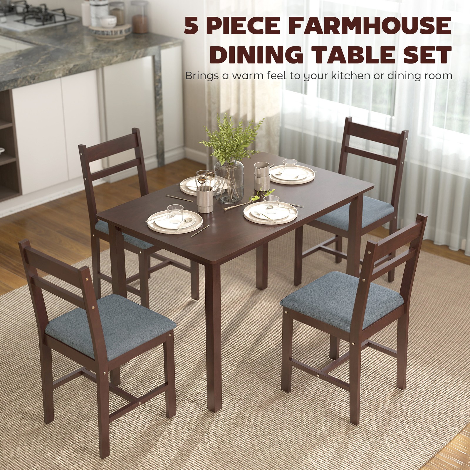 5-Piece Dining Table Set for 4, Kitchen Table and Chairs, Walnut