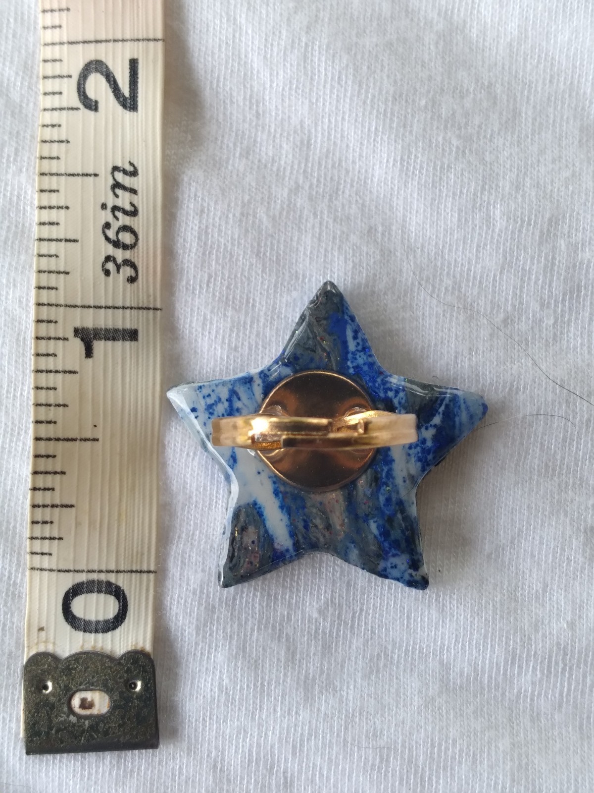 Handcrafted Gold Adjustable Polymer Clay Ring Blue White Marbled Star