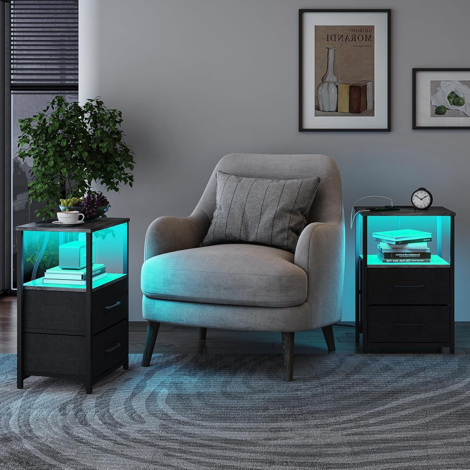 LED End Table W/ Charging Station Nightstand W/ Cloth Drawer Side Table W/ 1 USB